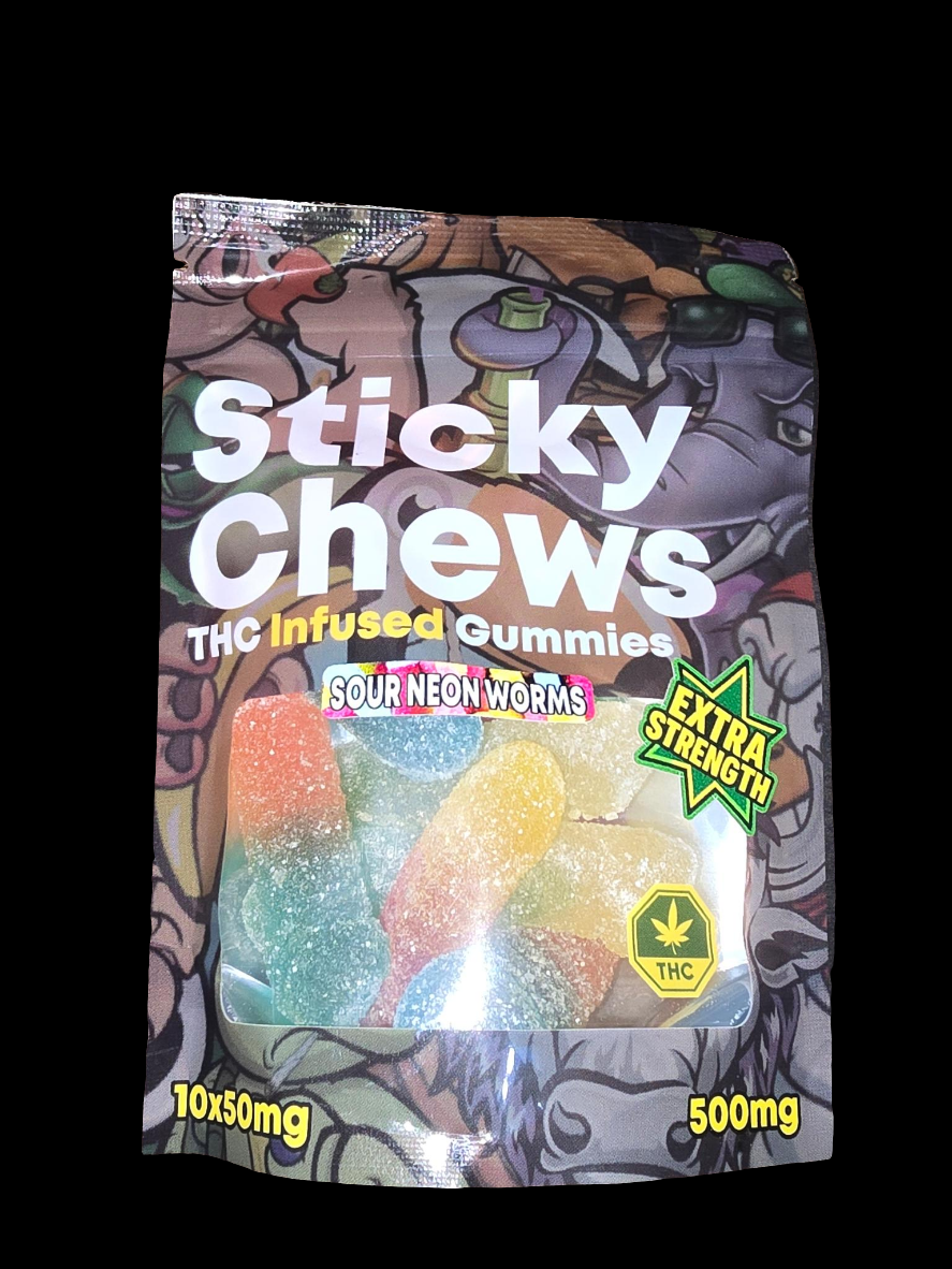 StickyChews Sour Neon Worms 500MG